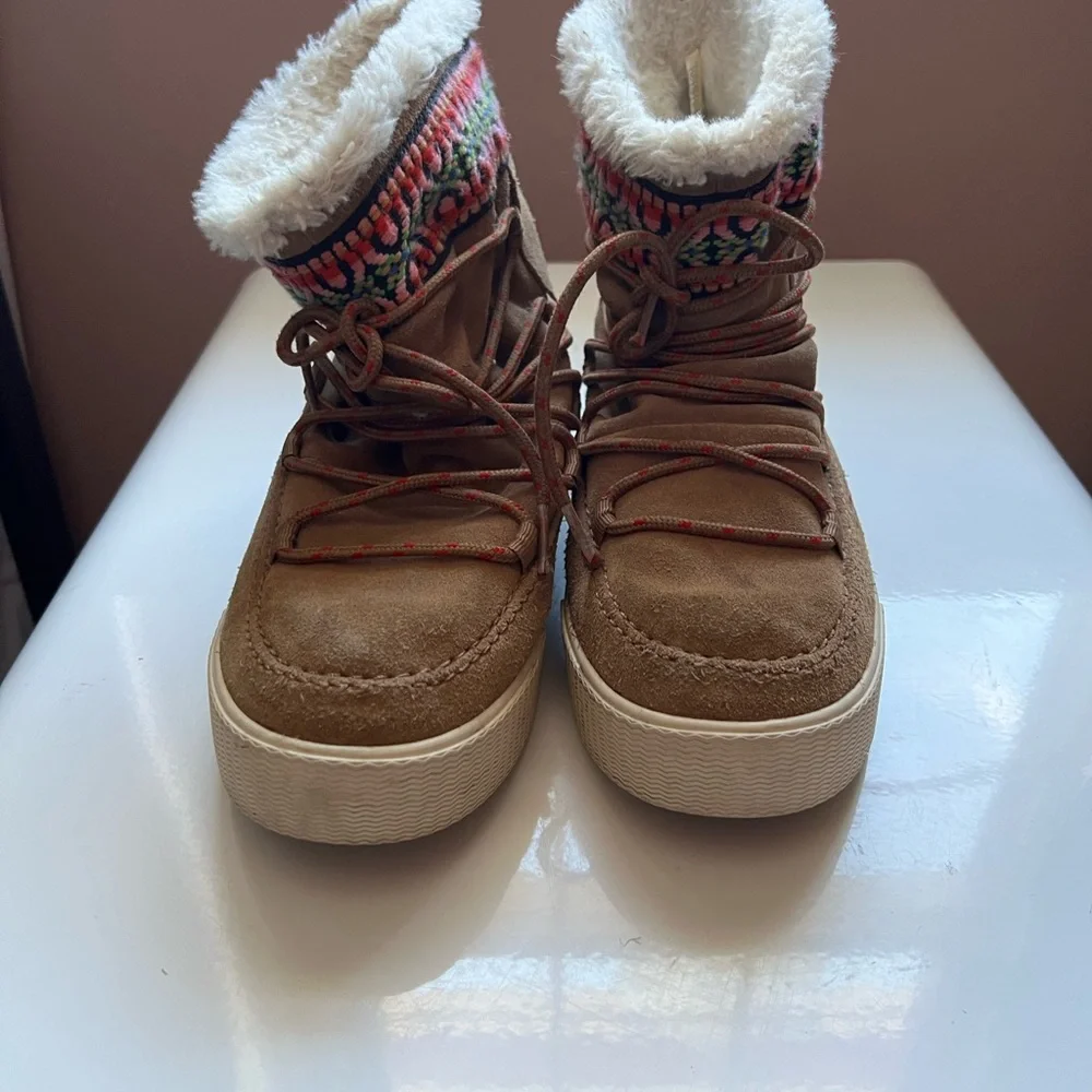TOMS Alpine Brown Suede Leather Lace Up Faux‎ Fur Ankle Sneaker Boots
